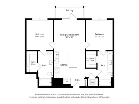 Floor plan for 2 beds, 2 baths, 980 sqft